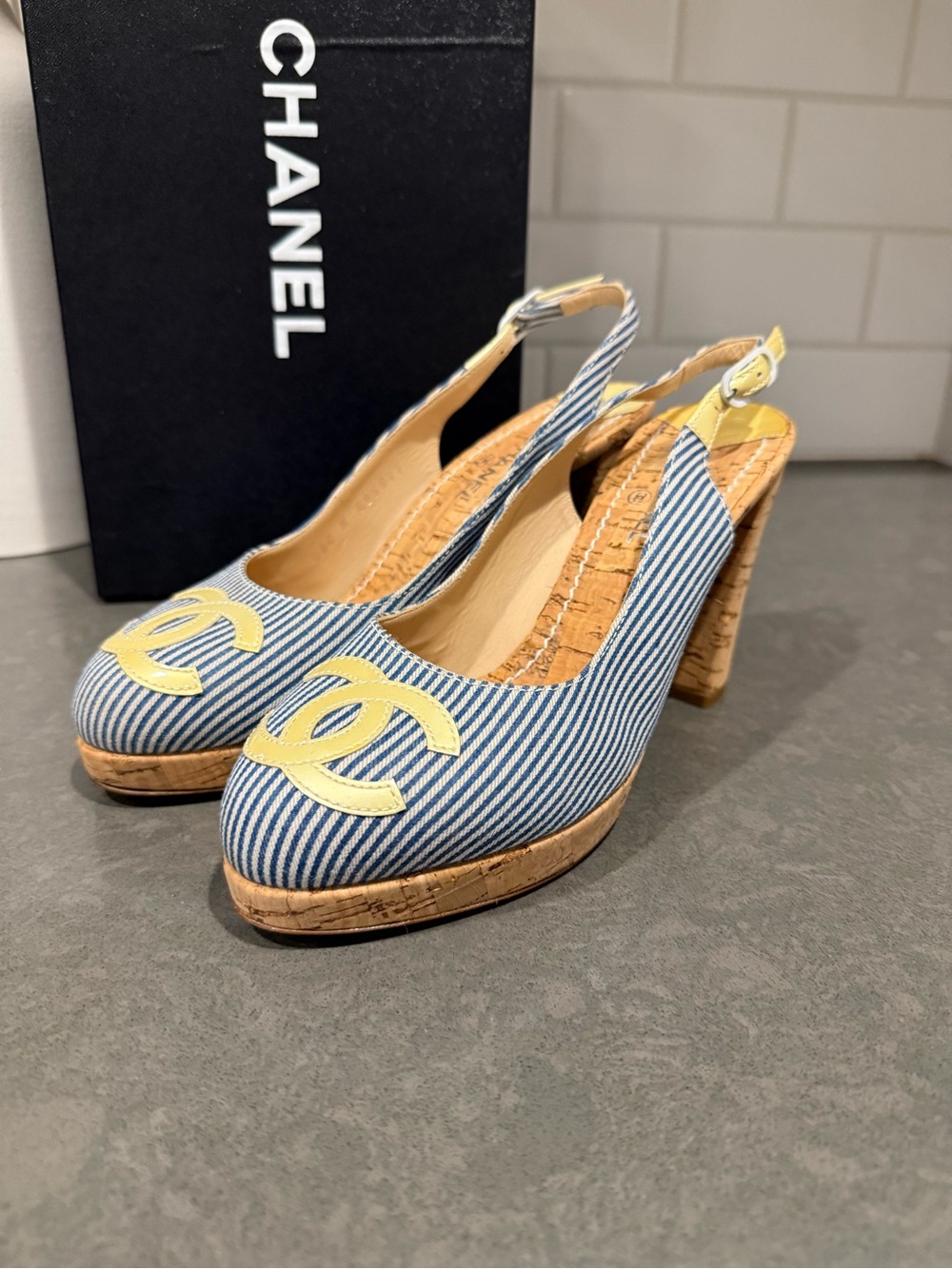CHANEL CC Blue-and-White Striped Slingback Cork Block Heels size 38C